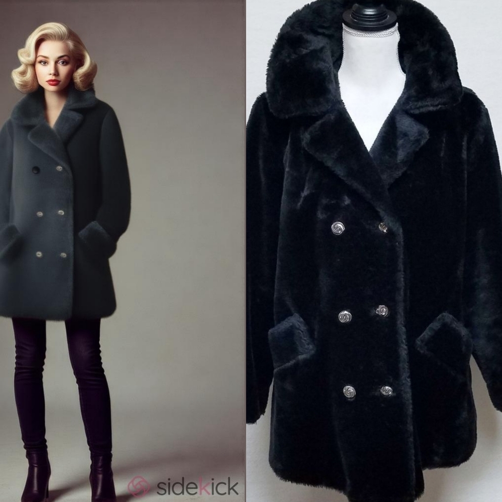 Thick 50s Vintage Black Faux Fur Button Up Notched Collar Long Sleeve Teddy Coat